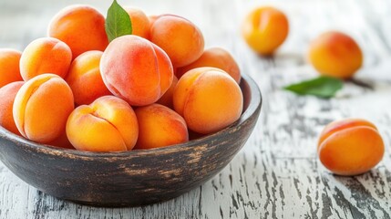 Poster - Bowl of Delicious Apricots on a White Wooden Surface