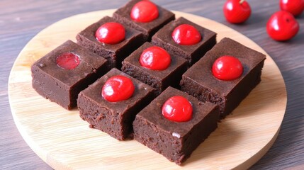 Poster - Chocolate brownie slices topped with cherries A homemade dessert presented on a wooden surface