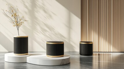 Aufkleber - Black white and gold cylindrical product display featuring a luxury concept with an abstract geometric background circular frame pedestal podium and stand in 3D rendering