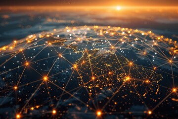 Poster - A stunning aerial view of a global network with glowing nodes and lines, symbolizing connectivity and technology, set against a beautiful sunset.