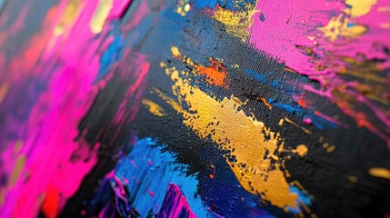 Aufkleber - Close up view of an abstract gold acrylic painting on canvas featuring vibrant paint spots and expressive brushstrokes embodying contemporary artistic expression