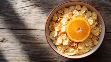 Poster - Ceramic Bowl Filled With Cereal And Orange Placed On Wooden Surface