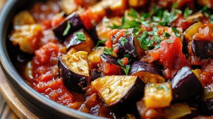 Aufkleber - Close Up of Vegetable Stew Featuring Eggplant and Tomato Sauce