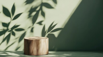 Aufkleber - 3D background featuring a wooden podium display with a natural wood cube stand Green nature backdrop showcasing leaf shadows Ideal for beauty cosmetic product promotion Minimal studio setup perfec