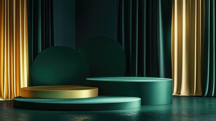 Aufkleber - 3D rendering of abstract platforms featuring golden and dark green shapes with curtains Geometric forms in contemporary minimal design Realistic mockup suitable for promotional use banner backgrou