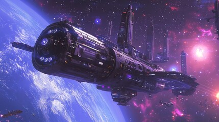 Wall Mural - a futuristic spaceship flies past a planet with a bright star field in the background.