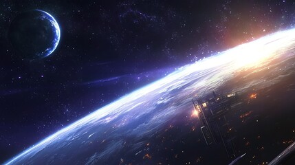 Wall Mural - a futuristic space station orbits a planet with a crescent moon in the background.