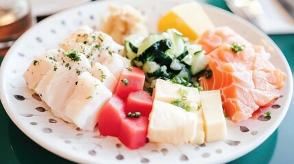 Poster - Assorted Plate Featuring Vegetables Chicken Pork Cheese and Fish with Lemon
