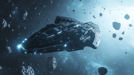 Wall Mural - a futuristic spaceship navigates through a field of asteroids in deep space.
