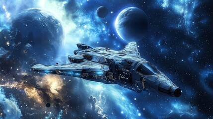 Wall Mural - a futuristic spaceship flies through a vast and colorful nebula in space.