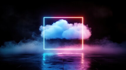 Poster - A glowing cloud framed in neon light, surrounded by mist on a reflective surface.