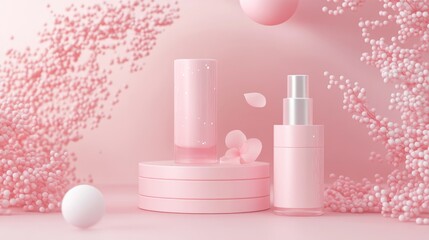 Poster - 3D illustration featuring a pink cylindrical podium for showcasing cosmetic products Mockup design with empty space set against an abstract pastel background in a modern style