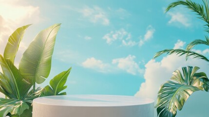 Aufkleber - 3D rendering of an abstract podium display featuring tropical leaves against a backdrop of blue skies and clouds ideal for product promotions and advertising with a soft pastel aesthetic