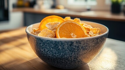 Poster - Ceramic Bowl Filled With Cereal And Orange Placed On Wooden Surface