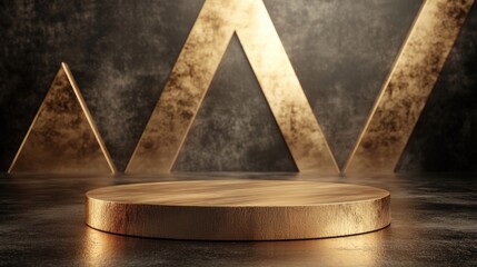 Aufkleber - Abstract Elegant Wooden Gold Podium on Gold Triangle Background Empty Round Wood Product Stand on Black Background 3D Rendering