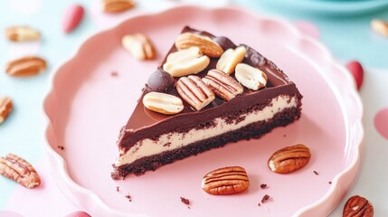 Poster - Brownie cake topped with nuts served on a plate close up shot