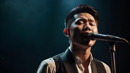 Close-up portrait of a asian male singer wearing shirt and blazer singing with a microphone on stage, with a dark background.