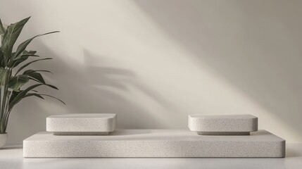 Aufkleber - 3D rendering of four minimalistic empty podiums or pedestals featuring a blank display shelf for showcasing products