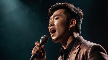 Close-up portrait of a asian male singer wearing shirt and blazer singing with a microphone on stage, with a dark background.