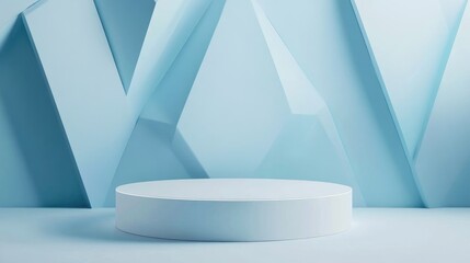 Poster - 3D abstract studio space featuring a pedestal podium A white geometric platform accented by pastel blue layered triangles in the background Minimalistic setting ideal for showcasing cosmetic produ