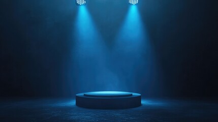 Poster - 3D rendering of stage lighting equipment Blue spotlight illuminating a podium Intense lighting effects with isolated spotlights against a dark background