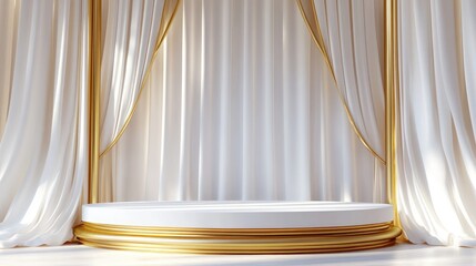 Poster - 3D rendering of a Roman style white and gold podium with a curved gold backdrop against a white curtain background Ideal for presentations