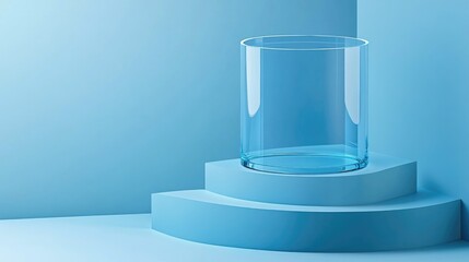 Aufkleber - 3D rendered abstract background featuring blue isometric cube steps and a transparent glass cylinder in a geometric arrangement Includes space for product design presentation or promotional banner