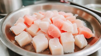Poster - Close up of raw hake fillet pieces arranged in a metal bowl