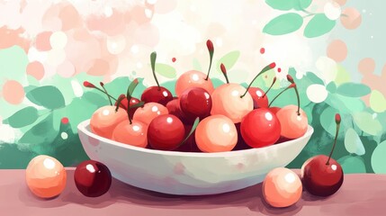 Aufkleber - Bowl of Cherries on Wooden Table