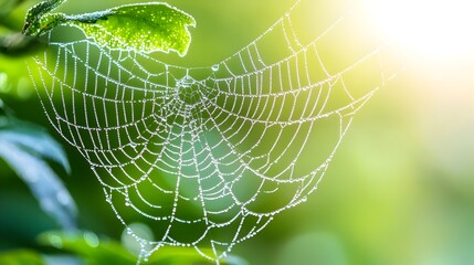 Closeup of a delicate spider web glistening with dew drops in the soft morning light  The intricate gossamer like pattern is highlighted creating a serene and tranquil natural scene