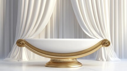 Aufkleber - 3D rendering of a Roman style white and gold podium with a curved gold backdrop against a white curtain background Ideal for presentations
