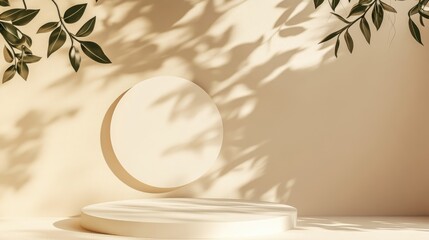 Poster - Abstract minimal nature composition featuring an empty stage with a white circle podium against a beige backdrop complemented by soft shadows from tree leaves Ideal setting for showcasing cosmetic
