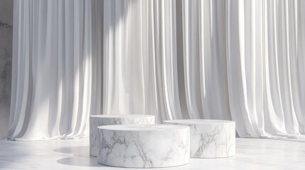 Aufkleber - 3D rendering of blank white marble display podiums for advertising against a white curtain backdrop 3D illustration