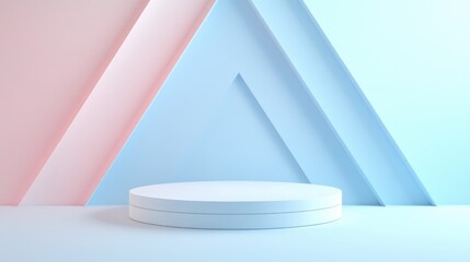 Poster - 3D abstract studio space featuring a pedestal podium A white geometric platform accented by pastel blue layered triangles in the background Minimalistic setting ideal for showcasing cosmetic produ