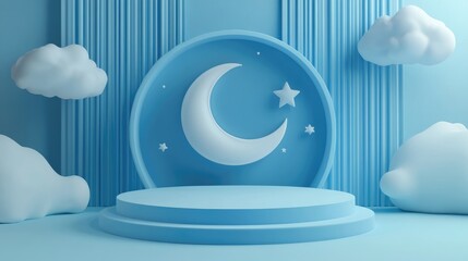 Aufkleber - Blue showcase stage featuring a flat 3D moon and star in a minimal podium display background 3D illustration and rendering