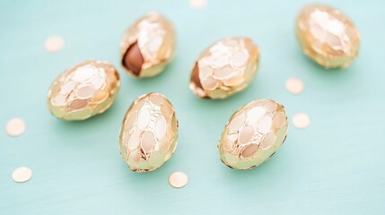 Poster - Chocolate Eggs Enveloped in Golden Foil on a Light Blue Wooden Surface Overhead View