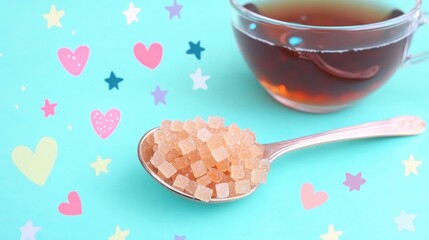 Poster - Amber sugar crystals in a spoon alongside a glass sugar bowl and a cup of hot drink on a blue background Unrefined brown cane sugar suitable for coffee and tea close up view