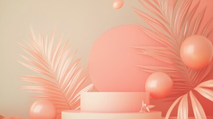 Aufkleber - 3D rendering of a podium display in a boho style featuring abstract shapes and palm leaves Minimal pastel background designed for showcasing cosmetics and products