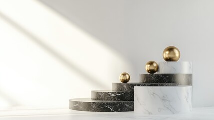 Aufkleber - Black and white marble pedestal steps against a white backdrop featuring gold spheres and three cylindrical platforms embodying an abstract minimalist concept with empty space luxurious minimalism