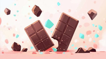 Poster - A milk chocolate bar shattered into numerous fragments with pieces of chocolate scattered on a table