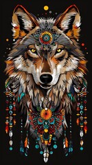Naklejka na meble Flat lay of a wolf head with colorful tribal ornaments.