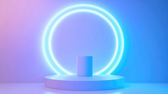 Blank product display with neon lights set against a pastel blue and white background 3D rendering of a blue neon circular backdrop featuring a cylinder and podium for product promotion Empty visu