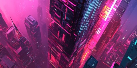 Canvas Print - Futuristic skyscraper set against a bold, abstract scene of neon hues and intricate shapes.