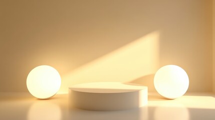 Aufkleber - 3D rendering of an abstract cosmetic background featuring a minimal podium for product display An empty scene with spherical lighting and a pastel cream wall creates a fashion showcase atmosphere