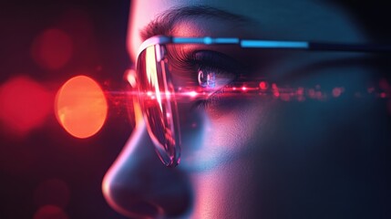 Poster - A close-up of a person's face wearing sunglasses, illuminated by red light reflections.