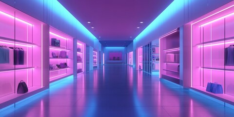 Poster - A neon pink and blue hallway with a lot of clothing on display