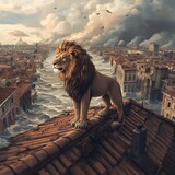 A lion standing on a rooftop in a flooded city, watching over a sea of rising water.