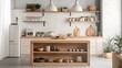 © seksun - A Scandinavian kitchen with a wooden island, minimalist open shelving, and neutral decor