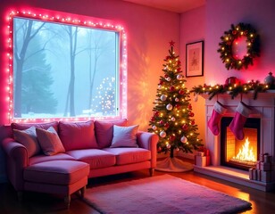 Wall Mural - A cozy living room with a Christmas tree decorated with lights, sofa pink, ornaments, and a fireplace in the background. The room has a warm, festive atmosphere with red and pink lighting