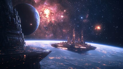 Wall Mural - futuristic space station orbiting a planet with a nebula in the background.